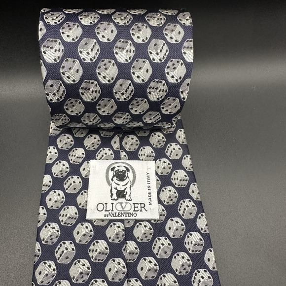 Oliver By Valentino Silk Tie Navy Dice Pattern Made In Italy NWOT - Picture 3 of 4